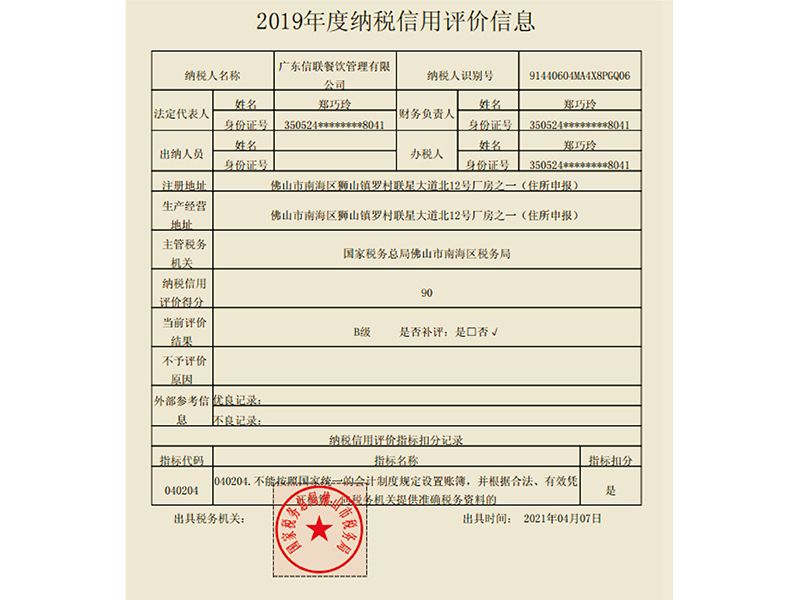 2019年度納稅信用評(píng)價(jià)信息